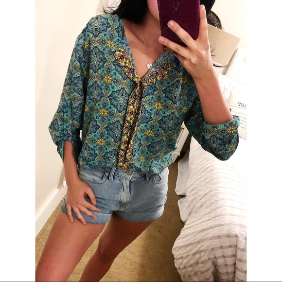 Tops - Teal Long Sleeve Cuffed Blouse